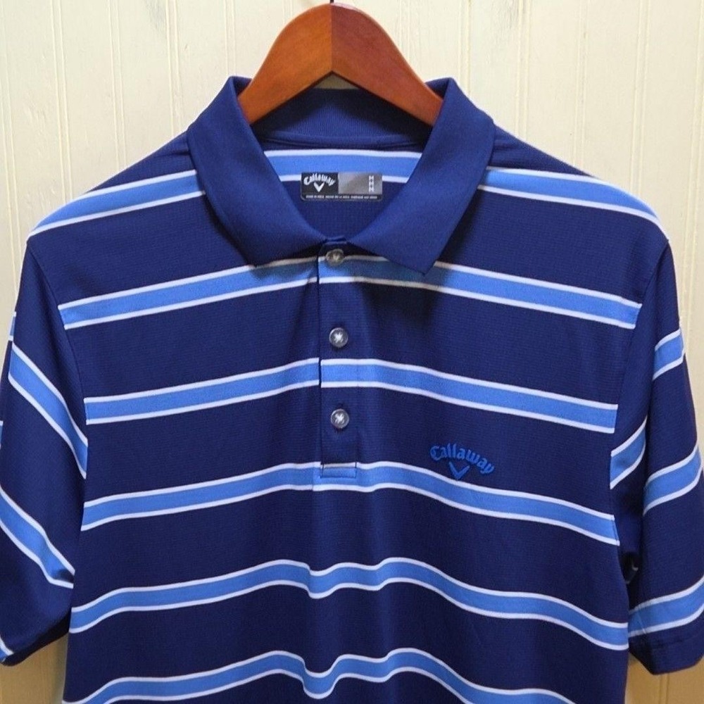 Callaway Golf Polo Shirt Mens M Blue Stripe Short Sleeve Stretch Performance Top